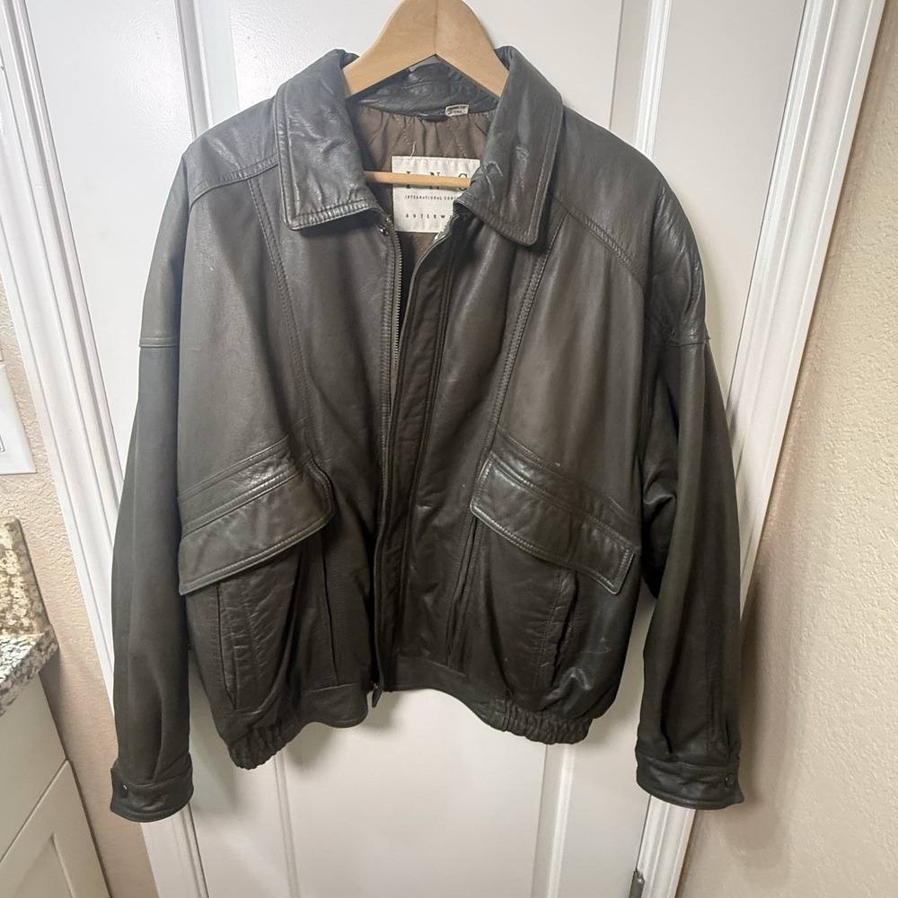 Vintage 90s INC International Concepts Leather Bomber Jacket Mens XL Black